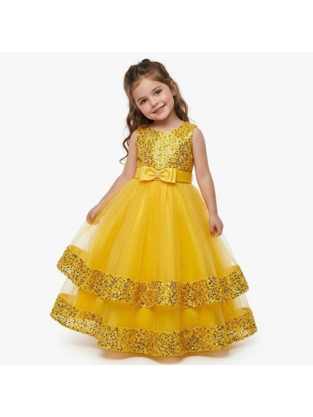 Girls Belle Princess Costume Dress Yellow Gold Sequin Tulle Birthday Party